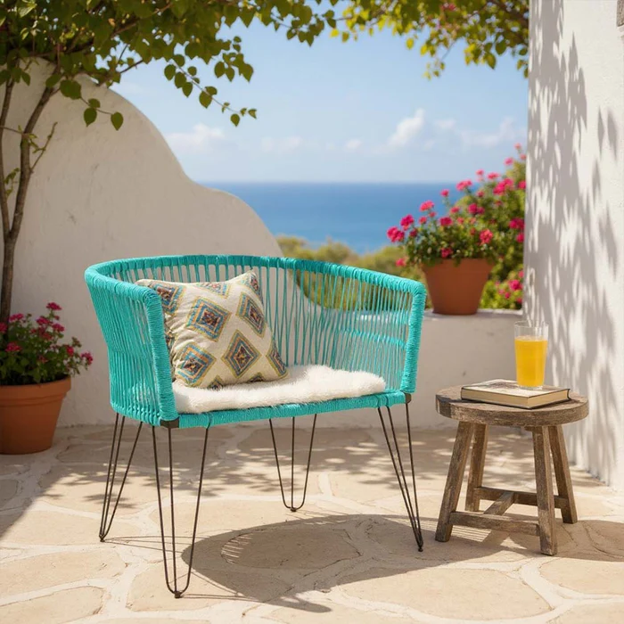 Chaise-confortable-en-corde-turquoise-pour-salon-et-jardin